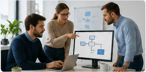 Equipo trabajando en una solución tecnológica empresarial